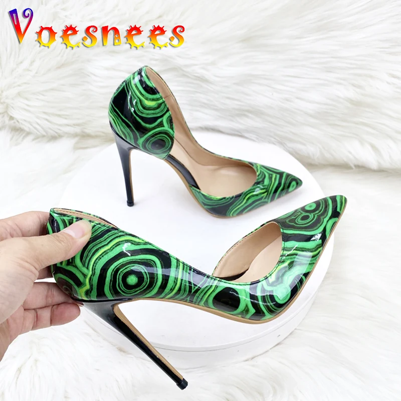 

European American Circled Pattern Thin High Heels 12CM Sexy Pointed Toe Gorgeous Single Shoes Women New Green Night Club Pumps
