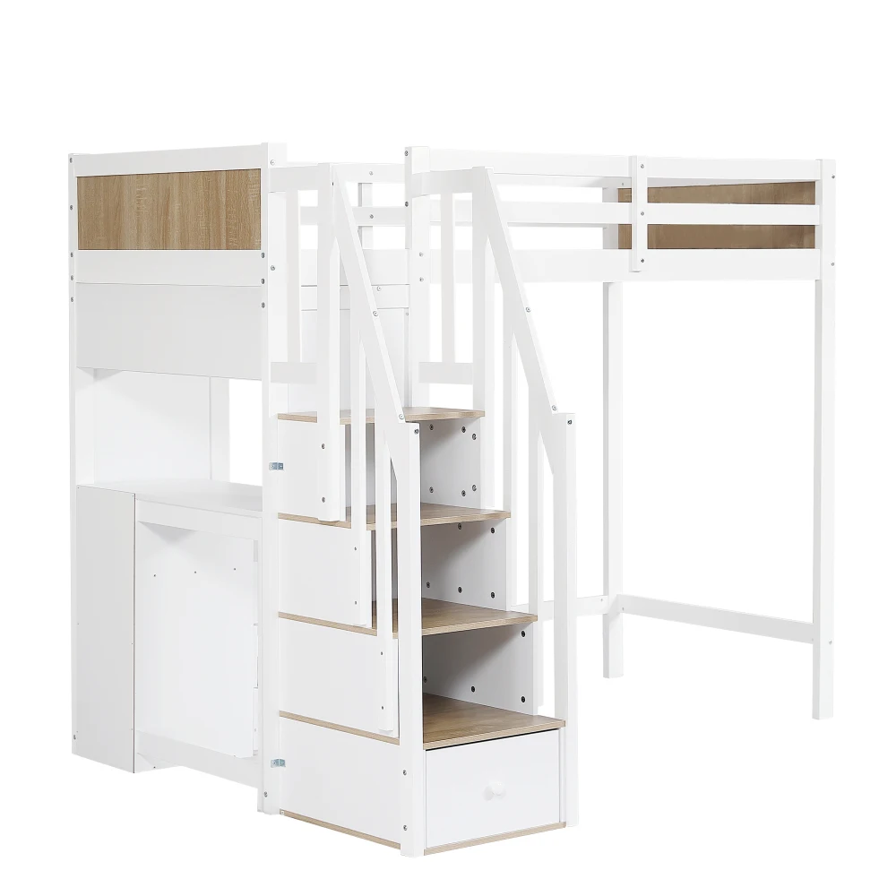 Etagenbett, Babybett mit buntem Fallschirmgitter, Schreibtisch mit 3 Schubladen, 4-stufiger Kleiderschrank, offenes Regal Kiefer + MDF 90 x 200 cm – Detail 11