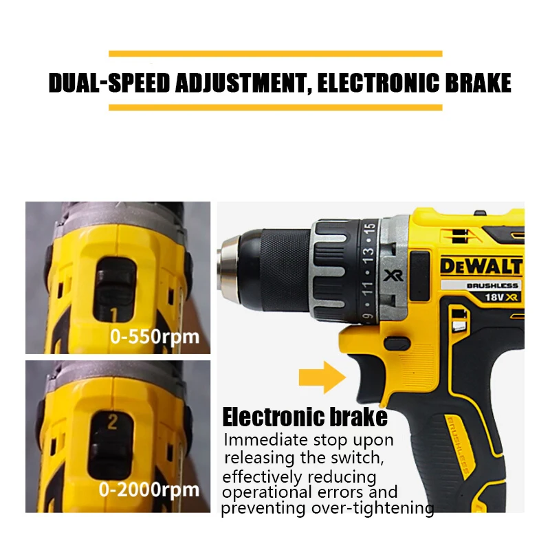 DEWALT 무선 전기 임팩트 드릴, 브러시리스 모터, 리튬 배터리 전동 공구, 65 Nm 토크, DCD7771