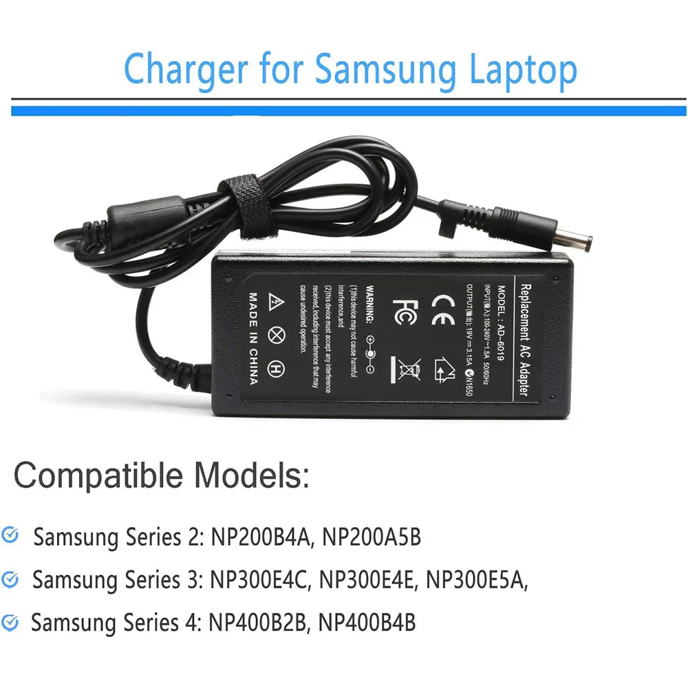 19V 3.15/3.16A AC Power Adapter Charger for Samsung AD-6019R 0335A1960 CPA09-004A Q430 QX410-S02US RV510-A02 QX410 Q430 P560 — view 5
