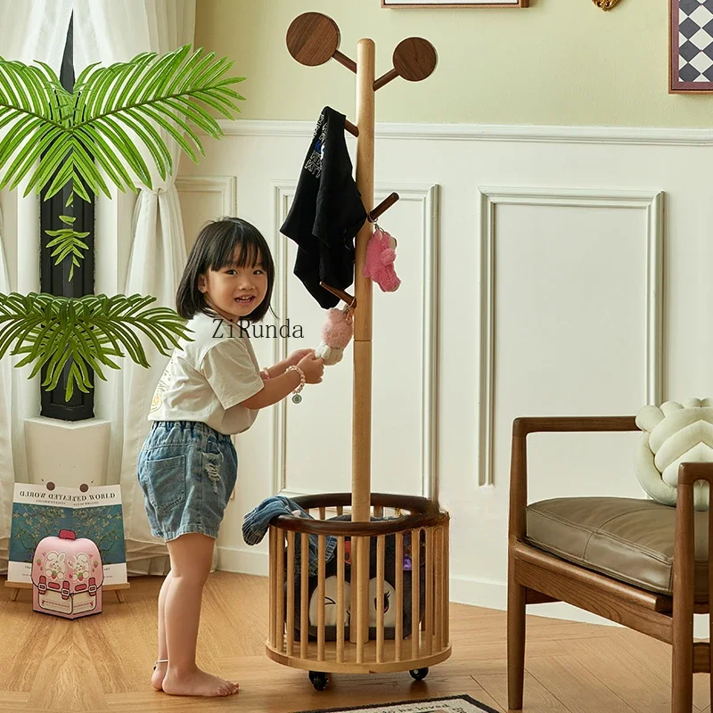 French retro solid wood children's coat rack floor-to-ceiling movable small apartment bedroom living room