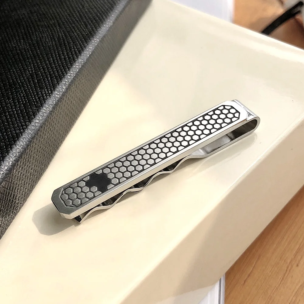 

CJS Luxury MB Tie Clip Filled Black Hexagonal Pattern 1:1 Top Quality Black Man Shirt Cufflinks Classic With Box Set