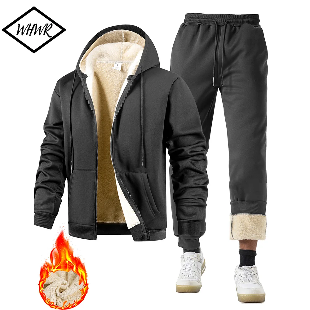 Costume deux pièces pour hommes, survêtement en peluche épais, veste de sport chaude + pantalon, combinaison de sport d'hiver en plein air, sweat à capuche décontracté, vêtements de sport
