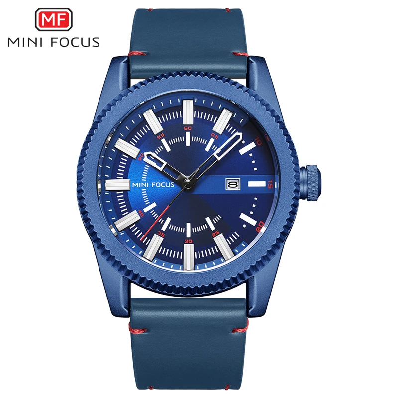 

MINI FOCUS Blue Leather Army Sports Quartz Watches Men Top Brand Analog Wristwatch Man Waterproof Relogios Masculino Clock 0168G