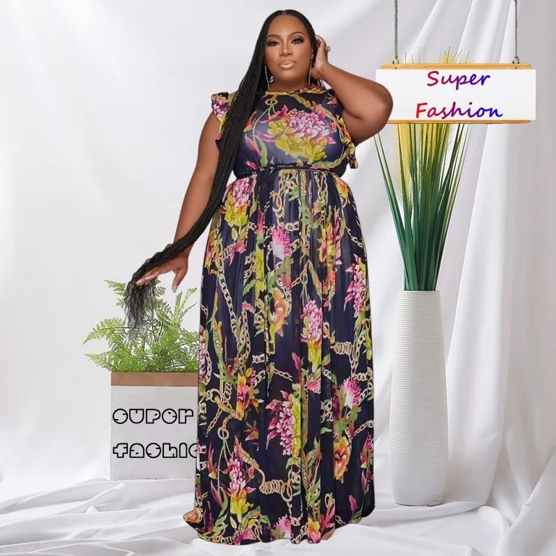 

WSFEC L-4XL Plus Size Dresses for Women 2023 African Clothing Sleeveless Fashion Printing Leopard Loose Casual Summer Long Dress