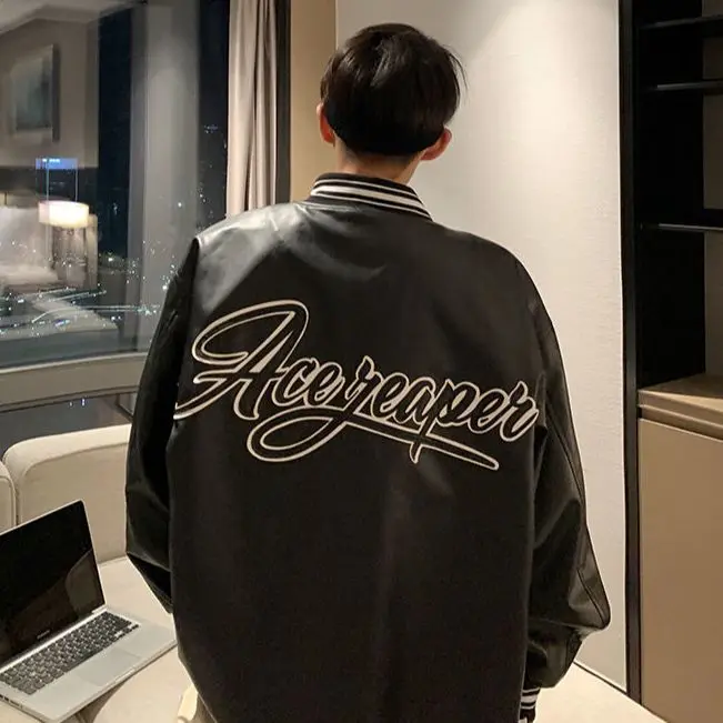 PU Leather Bomber Jackets Brown Locomotive Couple Winter Retro Oversized Baseball Jackets Casual Hip-hop Men Omen Unisex Coat