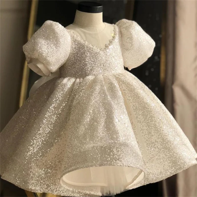 

Puff Sleeve Short Sleeve Party Dress White Sequin Baby Dress Girls Birthday Dress Princess Dress