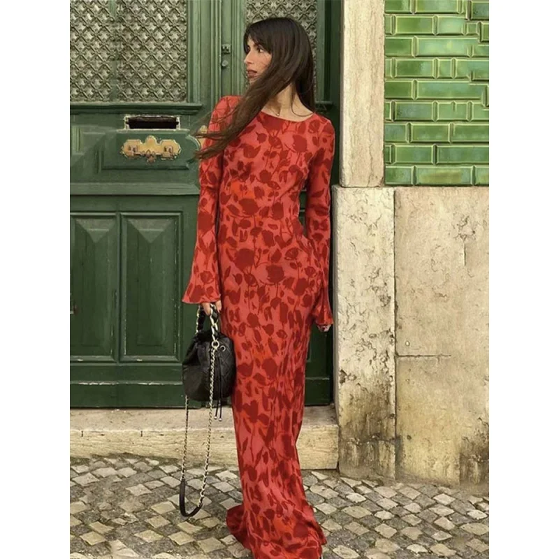 

Sexy Rose Print Maxi Dress Women Elegant O Neck Long Sleeve Bodycon Dresses Femal Fashion Evening Party High Waist Vest files