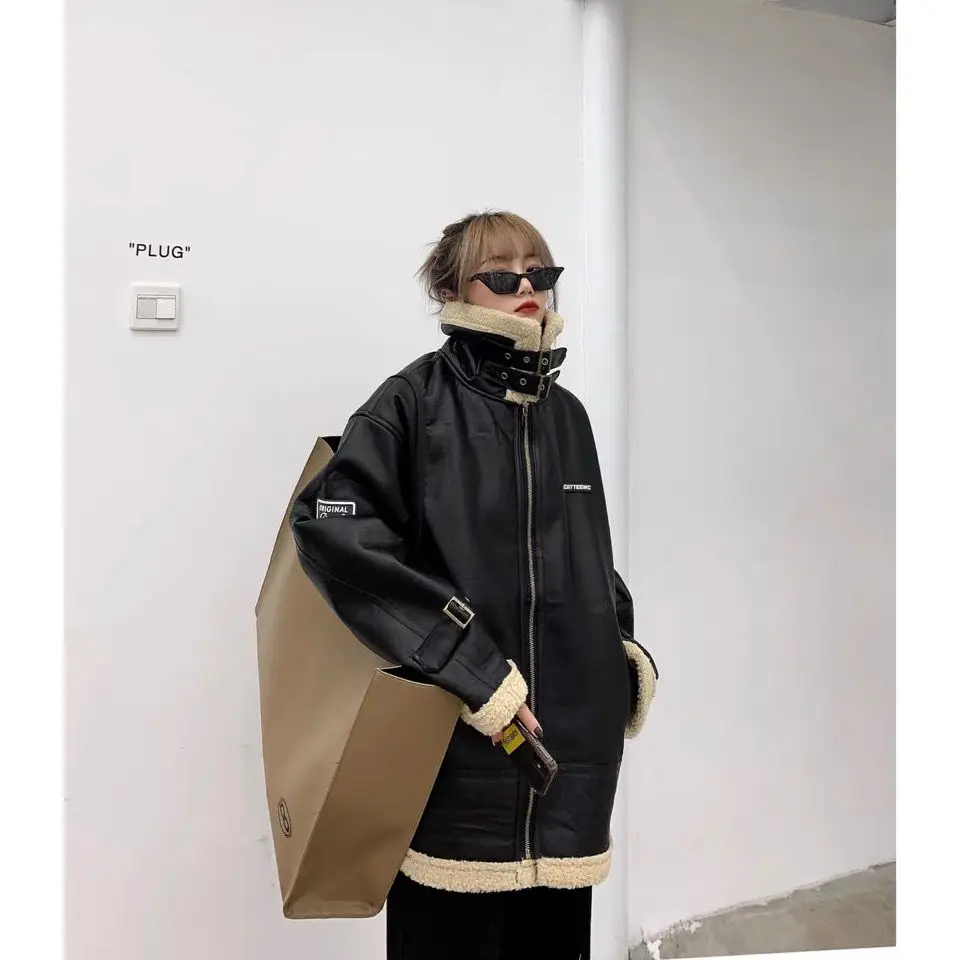 

Leather Coat Women's New Spring Autumn and Winter Closing Streetwear Loose-Fitting Fake Jacket Long Sleeve T436
