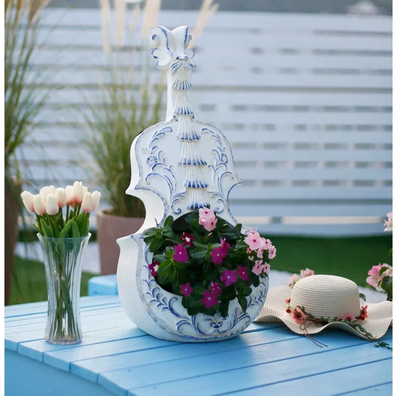 Fioriera per violino in stile europeo Vaso da fiori artistico per balcone e giardino Decorazione unica per bonsai da patio, decorazione paesaggistica per terrazza - immagine 4