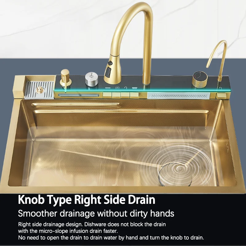 Brushed Gold 304 Stainless Steel Waterfall Style Modern Kitchen Large Single Slot Button Integrated Digital Display Faucet Set 5