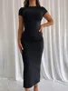 2025 Women Solid Color Slim Short Sleeve Casual Pullover Sumer Long Dress Skinny Sexy Daily Dress