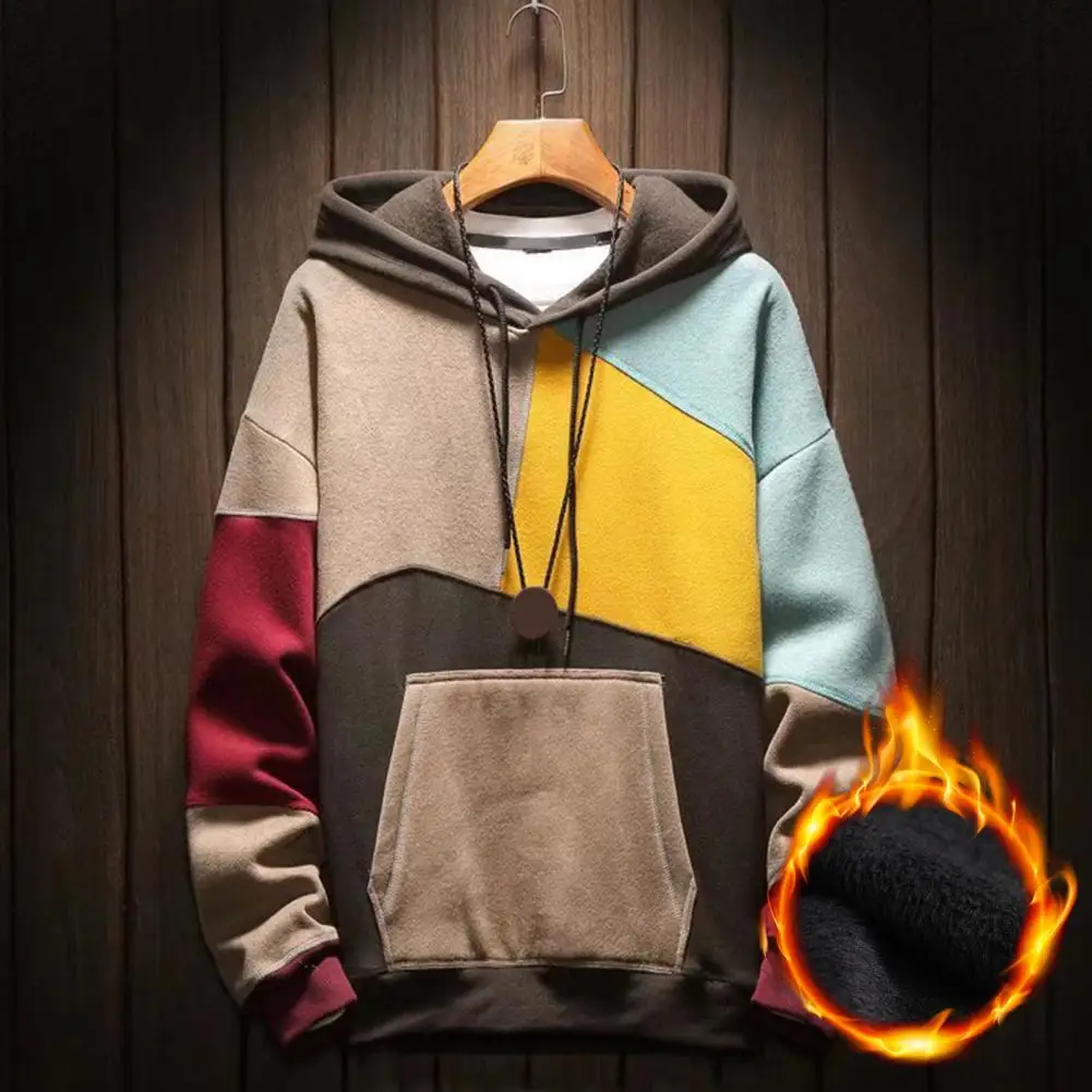 Men Autumn Hoodie Color Matching Thin Fleece