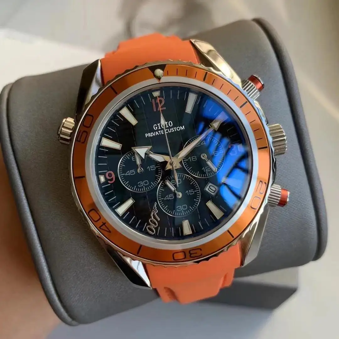 

Luxury New Mens Quartz Chronograph Watch Stainless Steel Black Blue Orange Strap Sapphire 007 Watches