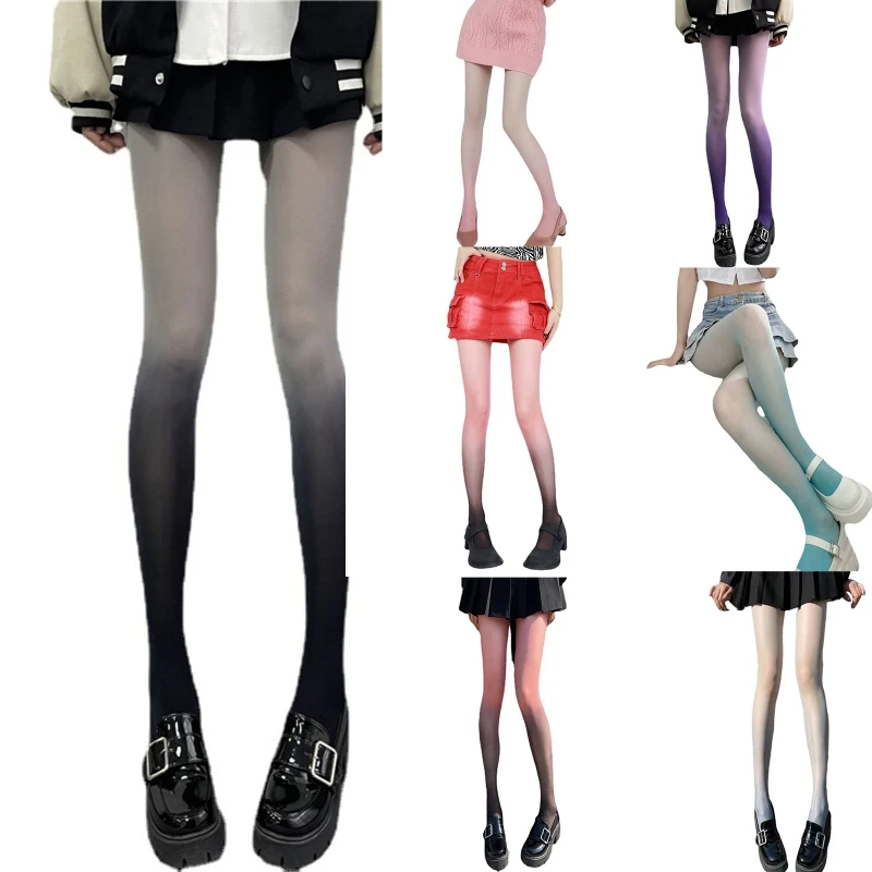 Women Harajuku Gothic Summer Thin Pantyhose Ombre Contrast Color Silky Tights Sweet Personality Semi Sheer Party