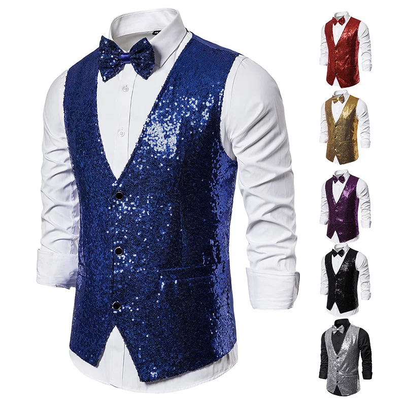 

New Helisopus Men's Stage Party Performance Clothes Sequined Vest Fashion Button Hirt Business Suit Vest Host Singer Emcee Vest