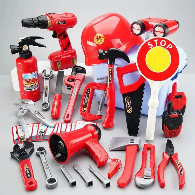 Children Firefighter Cosplay Set Kid Pretend Play Puzzle Enlightenment Simulation Maintenance Box Fire Safety Knowledge Learning
