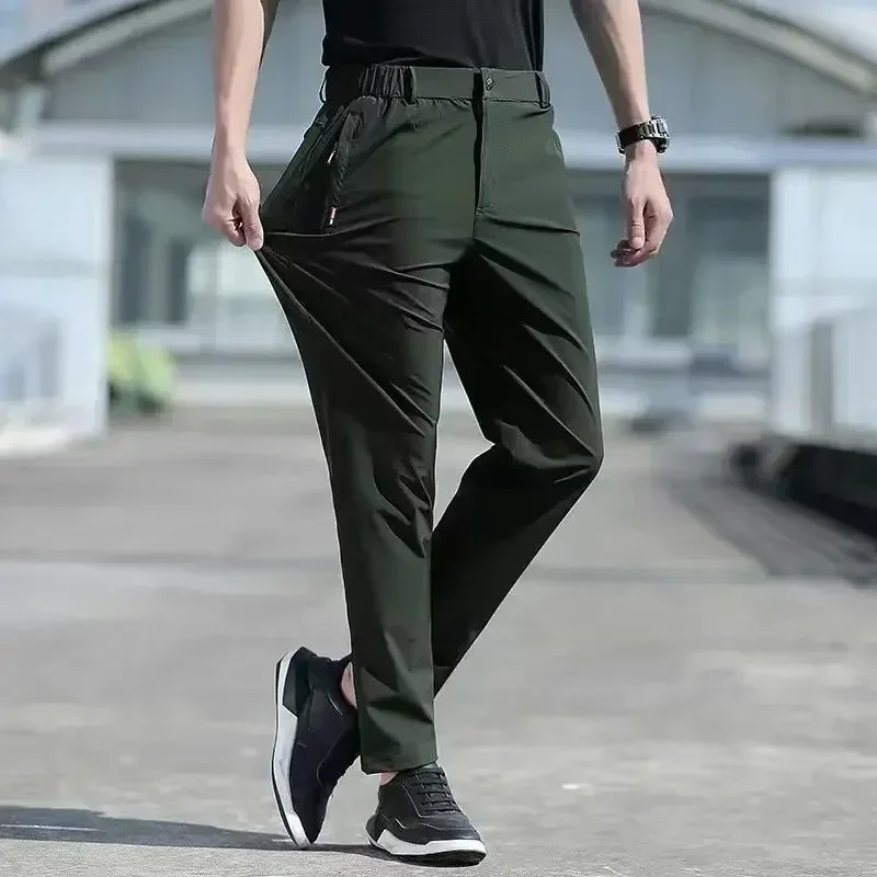 Large Size Men's Summer Pants Big Size Ice Silk Stretch Breathable Straight Leg Pants 6XL Quick Dry Elastic Band Black Trousers