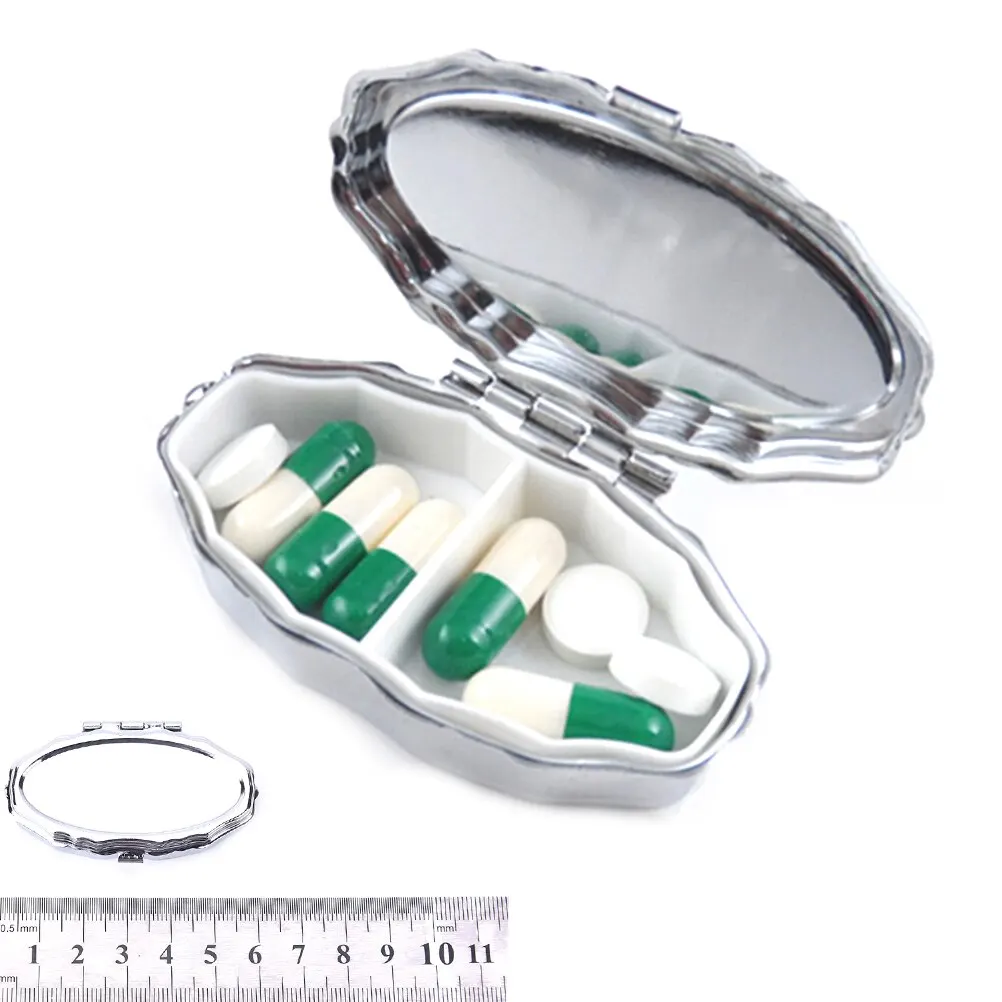 

New Metal Oval 2 Grid Moistureproof Medicine Holder Pill Storage Box Convenient 5.7cm*3.4cm*1.45cm