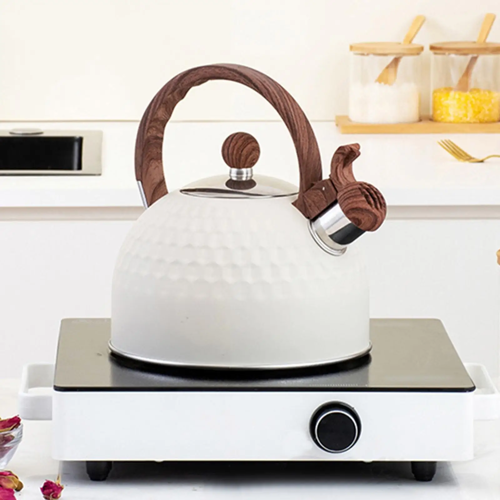 Portable Whistling Tea Kettle, , White W/ Handle Enamel Infuser for Kitchen Household