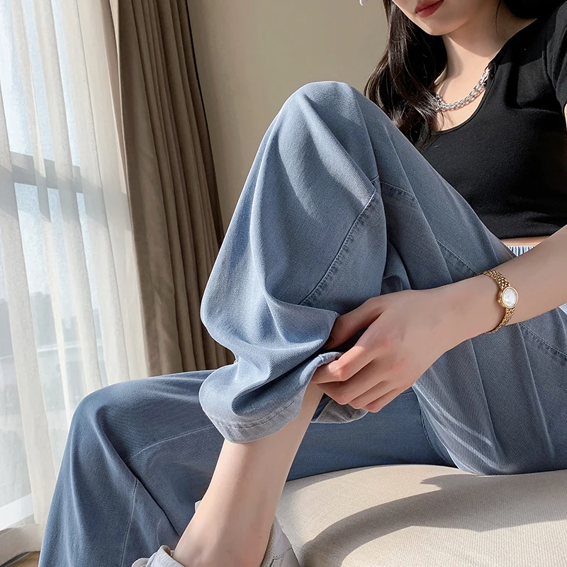 Spring Summer Thin Jeans Woman Casual Loose Wide Leg Pants Korean Fashion Ladies Elastic High Waist Straight Blue Trousers