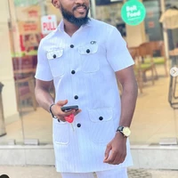 White Kaunda Suit Tuxedo Outfits Summer Short Sleeve Tops Pants with Pockets African Ethnic Casual Clothing Men Tuxedo 2PCS Suit 1