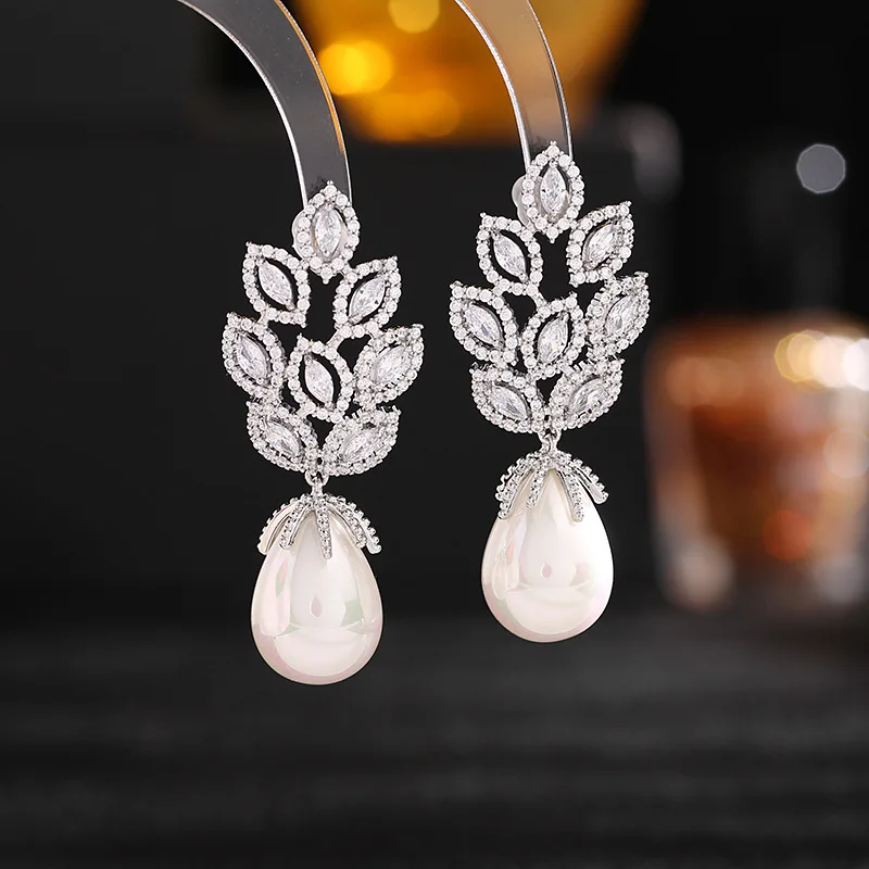 Leaf Water Drop Shaped Pearl Earrings For Wedding Or Party