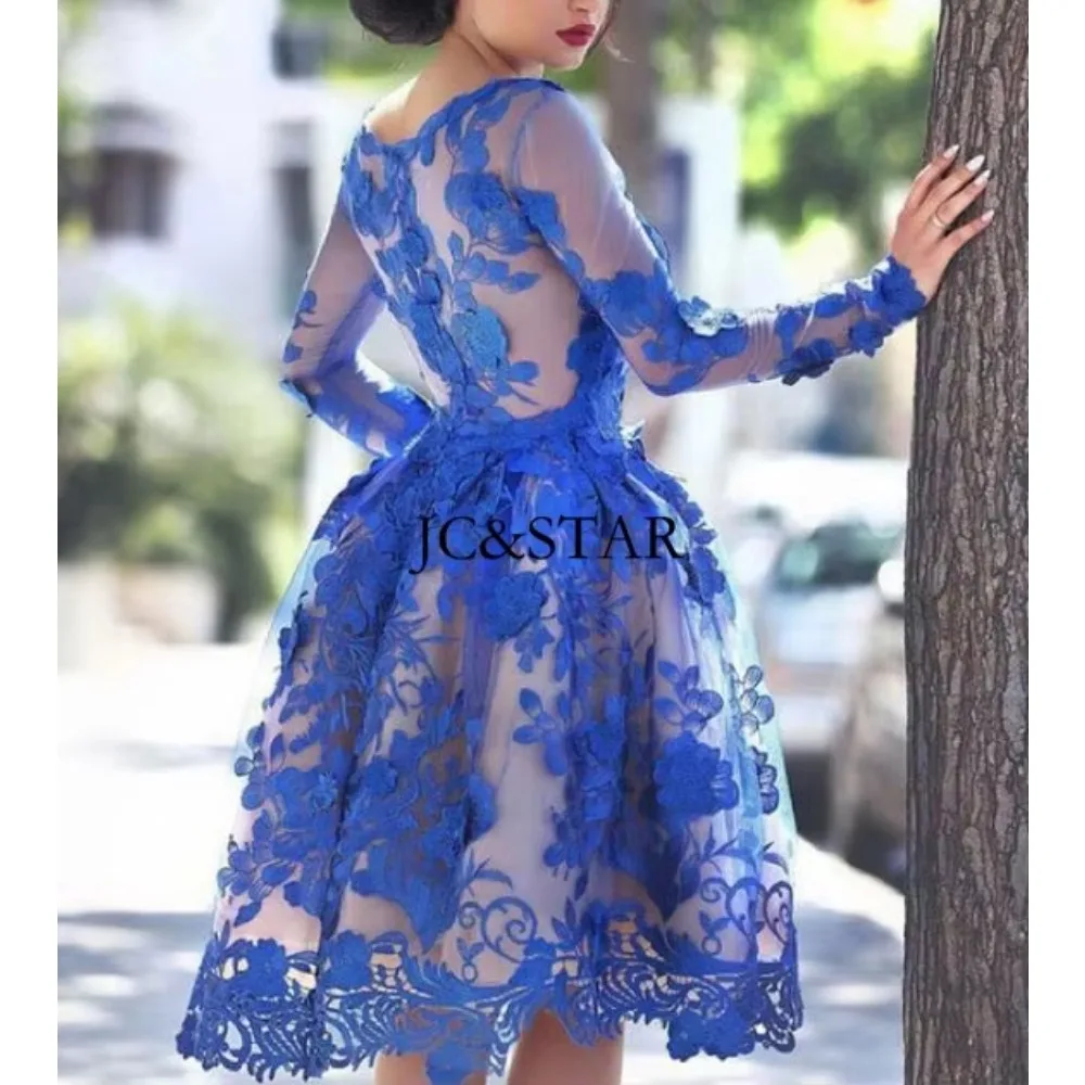 Royal Blue Lace Long-sleeved Cocktail Dresses Short Sexy Perspective Fashion Chic A Line Prom Dress Vestidos De Gala