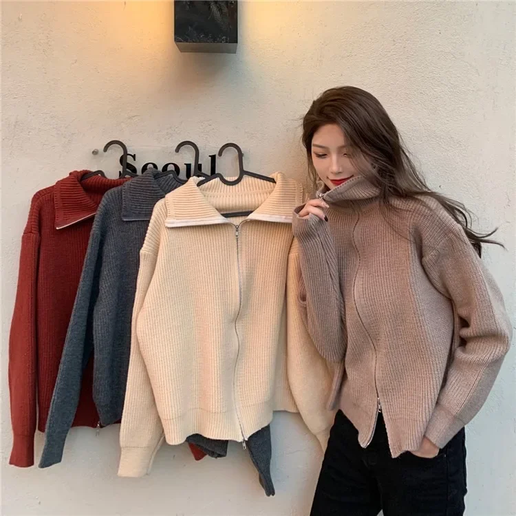 2021 Early Spring Fall New Zipper Turtleneck Sweater Coat Long-sleeved Winter Knit Cardigan Women Long Sleeve Solid Color Coat