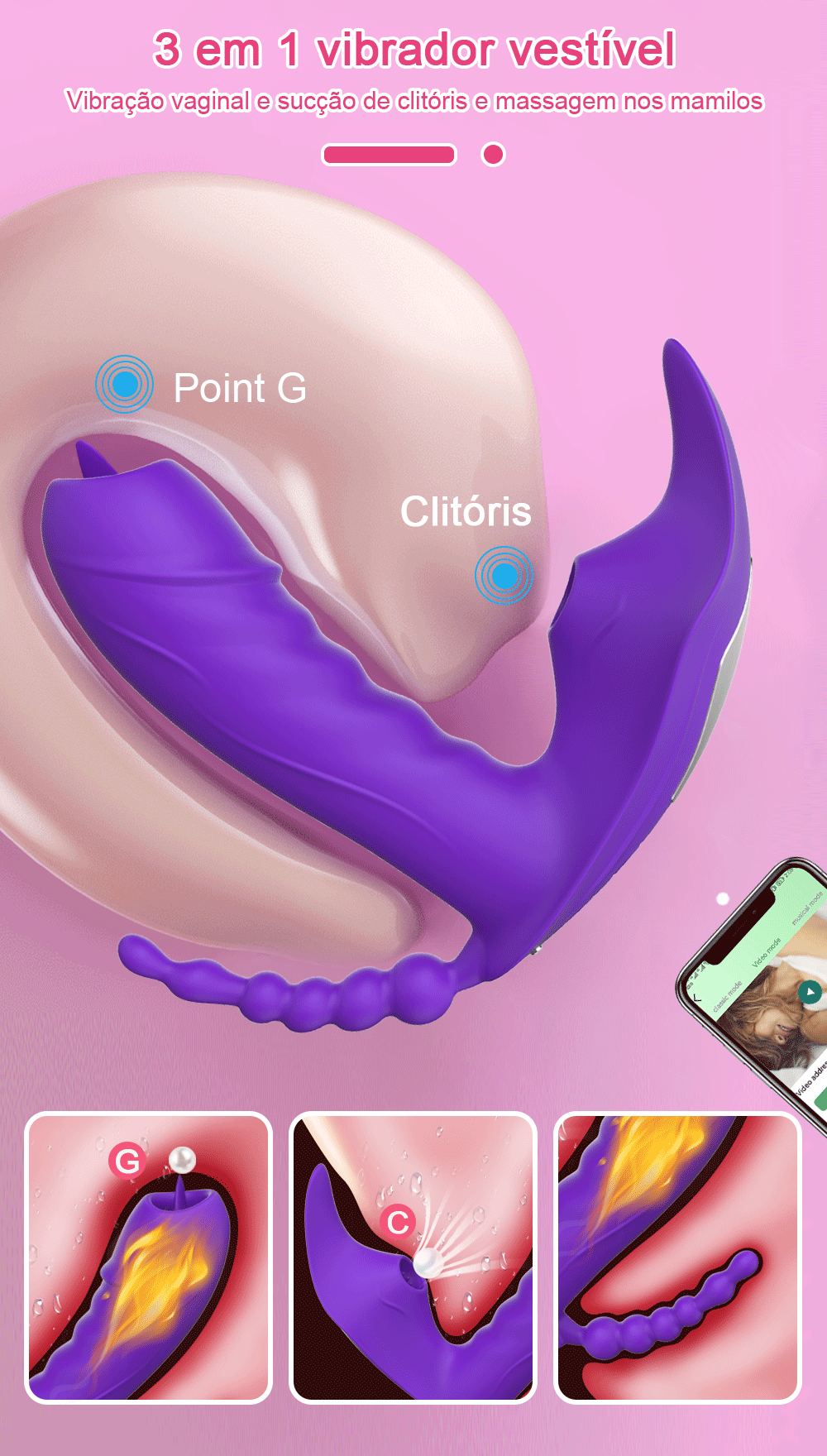 Vibrador Feminino Sem Fio 3 em 1 Bluetooth Controle via App