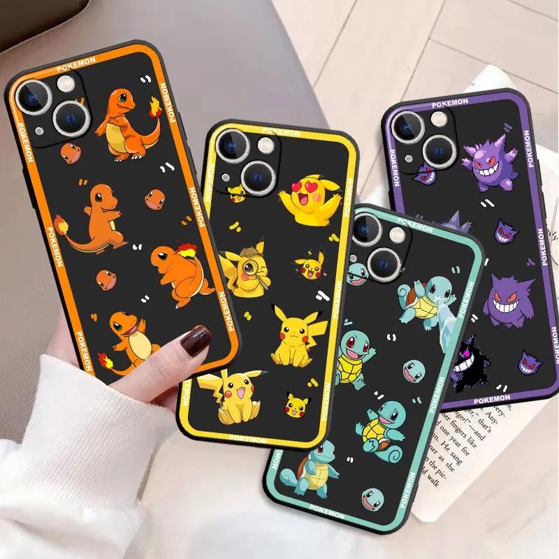 Custodia Per Telefono Per Iphone 15 14 12 11 Pro Max 13 12 Mini Xr Xs X 8 7 6 6Splus Xs Max Cover Nera Fundas Pokemon Pikachu Squirte Ball