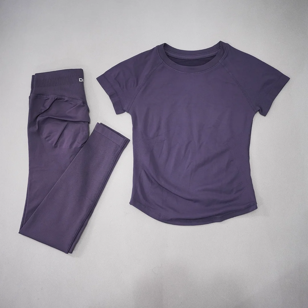 DF LOGO Ladies Seamless 2Pcs Yoga Set Short Sleeve Slim Top High Waist Leggings Quick Dry Breathable Gym Running Fitness Outfit