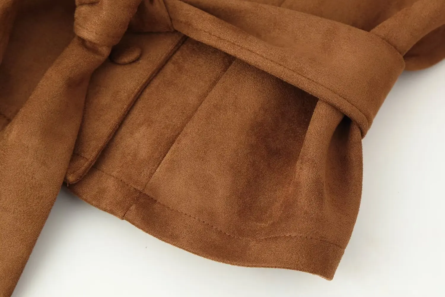Women Brown Suede Short Jacket Female Fashion Turn-Down Collar Long Sleeved Coat Double Breasted With Belt High Street Outerwear