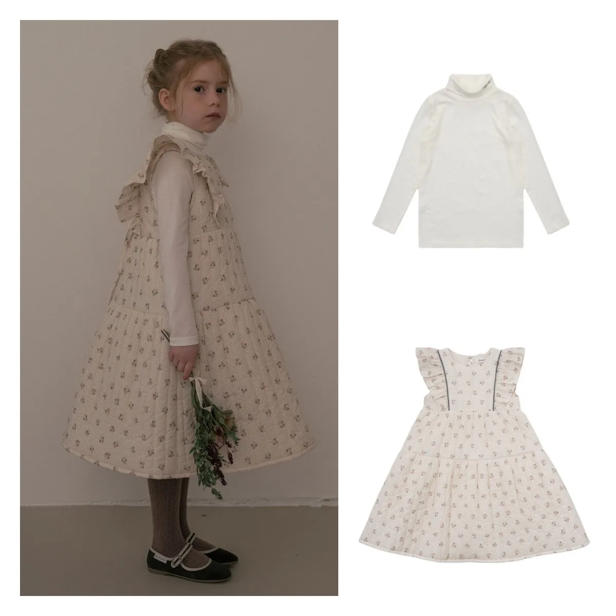 

Children's Dress Set 2023LOU Autumn/Winter Cotton-padded Floral Suspenders Dress WhiteTurtleneck Base T-shirt Set