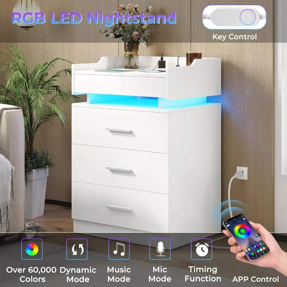 Large Nightstand with Charging Station and LED Lights, White Night Stand with 3 Drawers and 1 Pull-Out Tray Modern Bedside Table