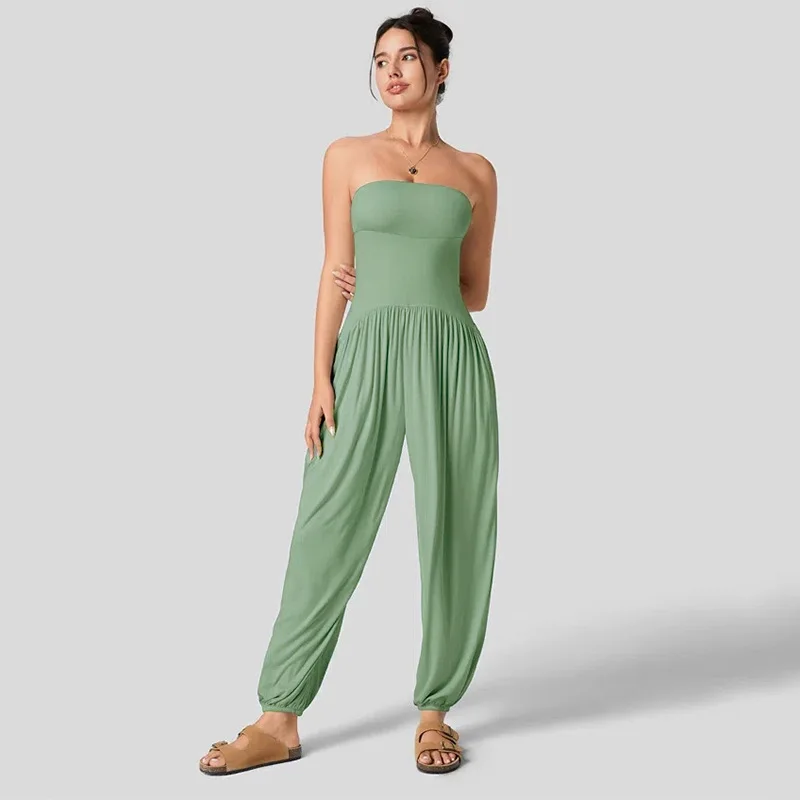 Women's Summer New Solid Color Casual Strapless Waist Cinching Lantern Loose Bound Women's Jumpsuit 2024