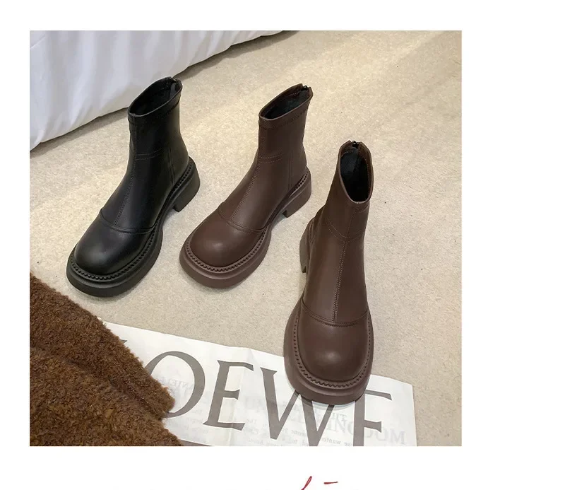 Bottes Martin en cuir véritable marron pour femme, bottes courtes polyvalentes à semelle épaisse, fines, offre spéciale, automne/hiver 2023, Maillard Women's Boots_voghion.com