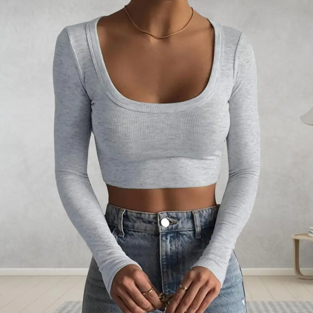 

Ladies Fashion Tops Shirt U-neck Long Sleeve Slim T-shirt Solid Color Soft Elastic Cotton Blend Casual Wear Basics Shirts Women