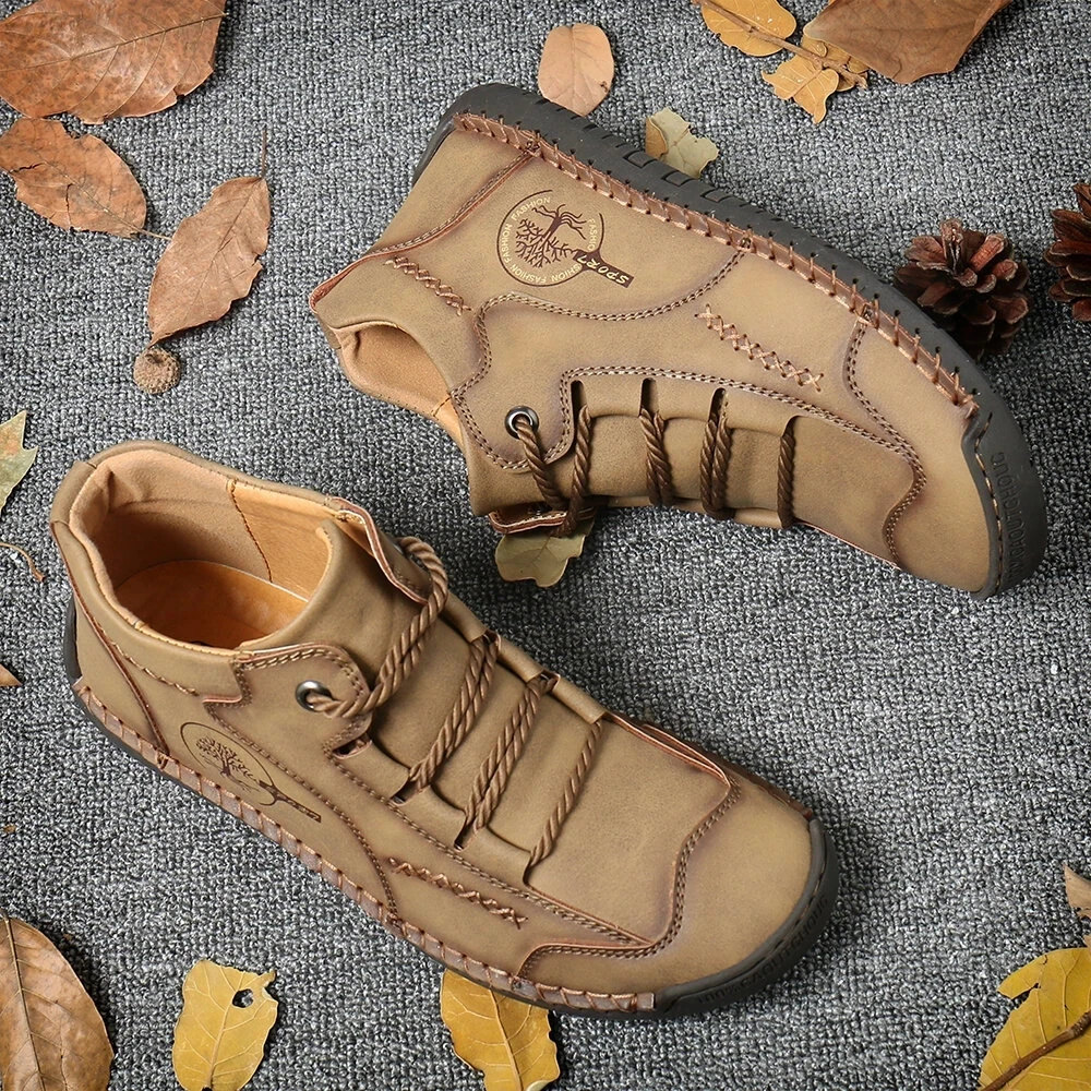 Hand-stitching Leather Boots Men Shoes Casual Boots Fall Patent Retro Leather Ankle
