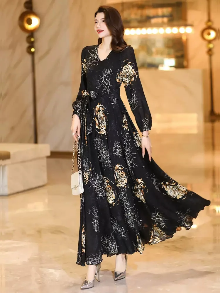 New Women Spring Summer Print Long Dress Fashion V-Neck