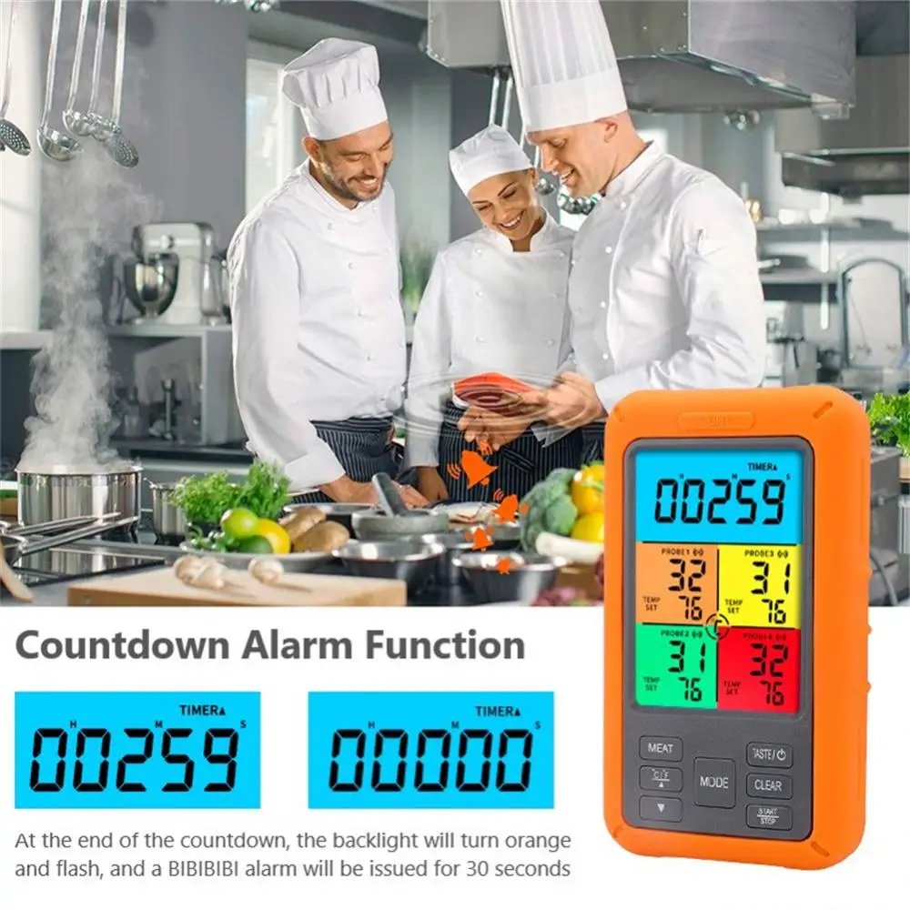 Color Screen Wireless Barbecue Thermometer Four-pin Digital Display Barbecue Food Thermometer Kitchen Oven BBQ Tools