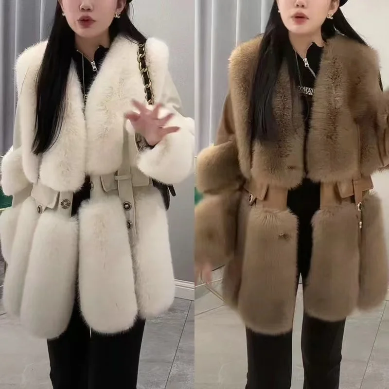 Fashion Mid-Length Big Fur Collar Cotton Padded Jacket Thickened Imitation Fur Fox Fur Jacket Female 2023 Winter Coat Women