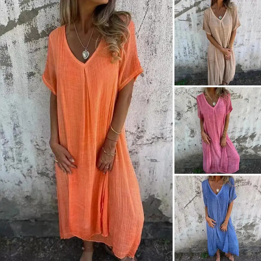 

Women Midi Dress Bohemian Style V Neck Summer Dress with Short Sleeves Mid-calf Length Soft Breathable Women's Beach Midi for A