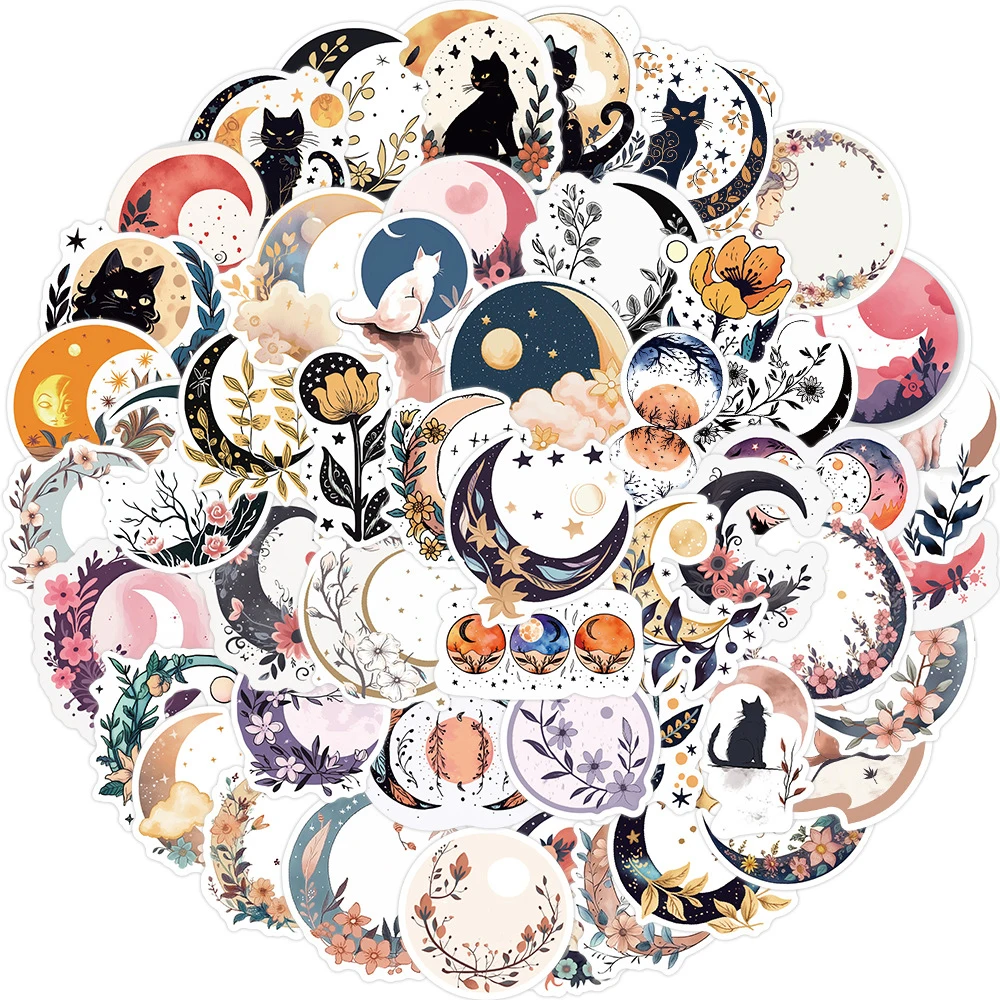 

10/30/50PCS Bohemian Moon Flower Cat Cartoon Stickers Aesthetic Cute Decals Skateboard Guitar Suitcase Waterproof Retro Sticker