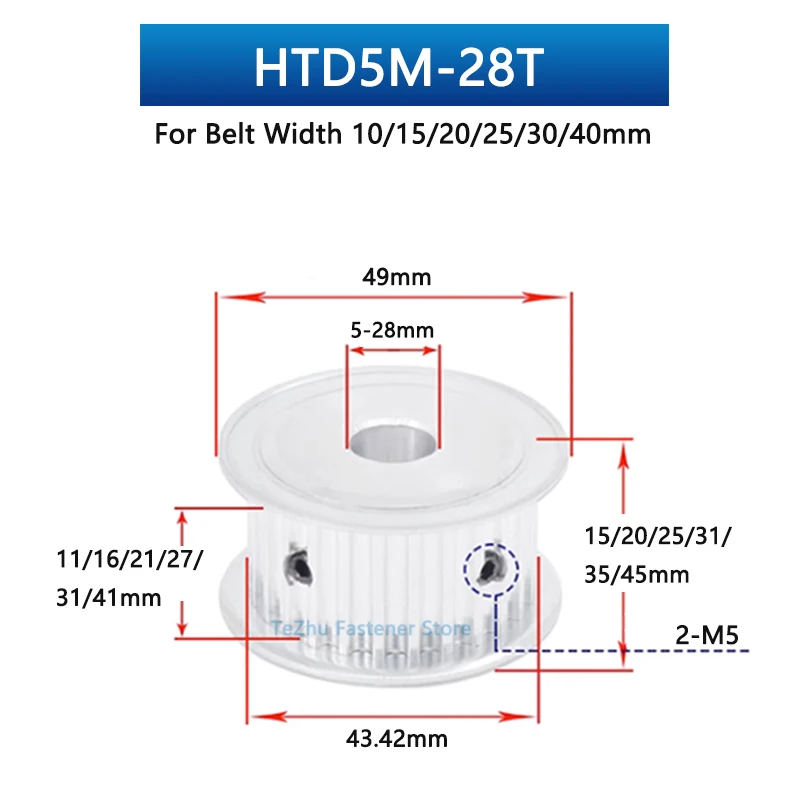 Description Picture 3 of item1pc 28 Teeth HTD5M Timing Pulley HTD 5M 28T Aluminium Alloy Synchronous Wheel for Belt Width 10/15/20/25mm Bore 5-28mm Pitch 5mm