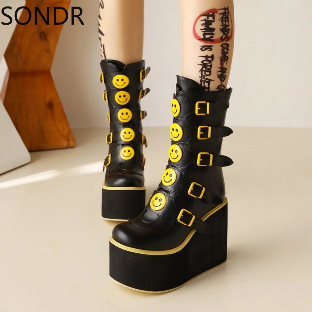 

Womens Platform Belt Buckle Printed Mid Calf Boots Wedge High Heel Punk Shoes Motorcycle Black Japanese Harajuku