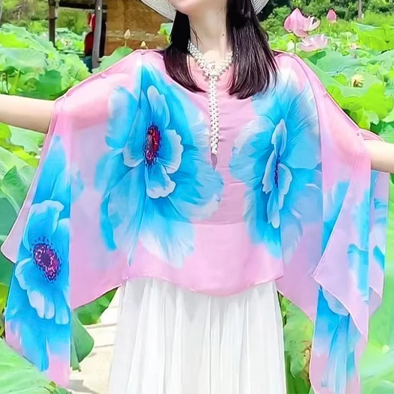 여성용 숄 랩 판초 진주 비키니, 햇빛 차단, 야외 꽃 패턴 장식 액세서리