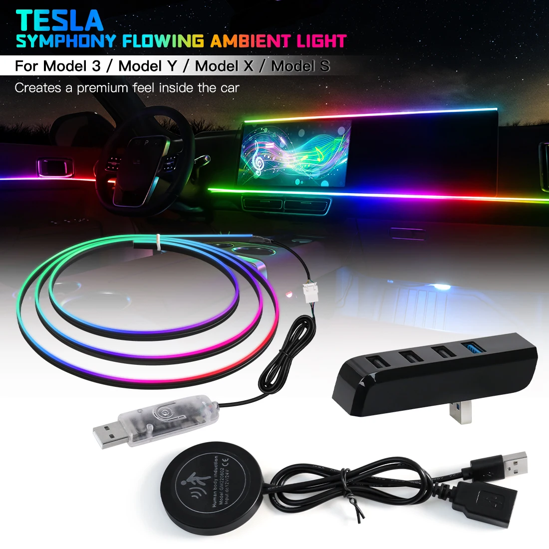 Vgetting Car Ambient Lights 30 Seconds Module Tesla Glove Box USB Expansion Dock Symphony APP Control Remote for Model 3 Y S X