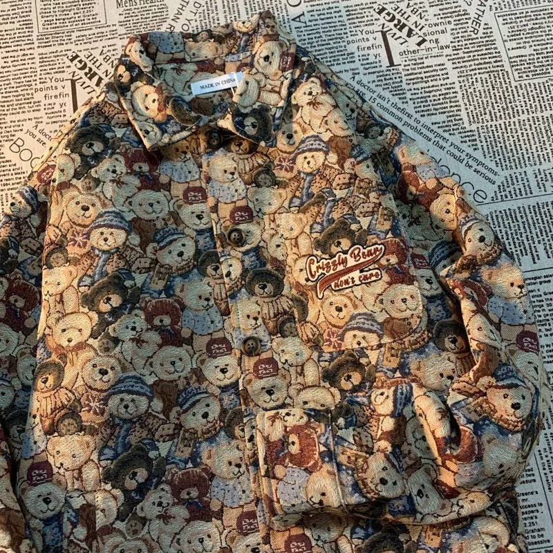 Autumn and Winter Fashion Casual Cute Bear Print Lapel Jacket for Men and Women Single-breasted Jacket  New Women Clothing