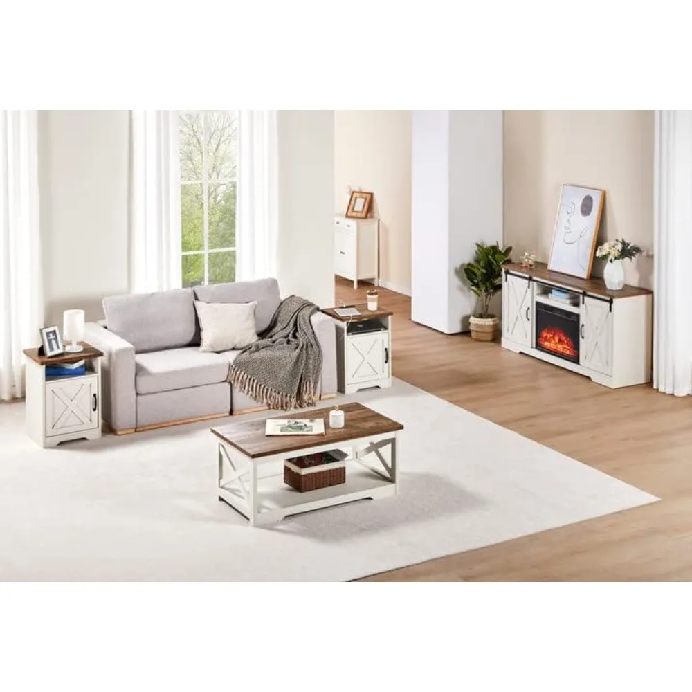 5-Piece Table Set includes Fireplace TV Stand Coffee Table& Two End Tables with Charging Station and USB Ports Distressed White